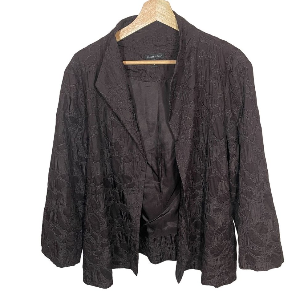 Eileen Fisher Silk Blazer Jacket Kimono Brown 3/4 Sleeve Textured Print, XL